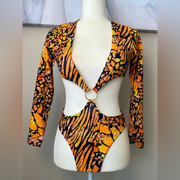 Vibrant Orange and Black Cutout Swimsuit - Picture 1 of 4